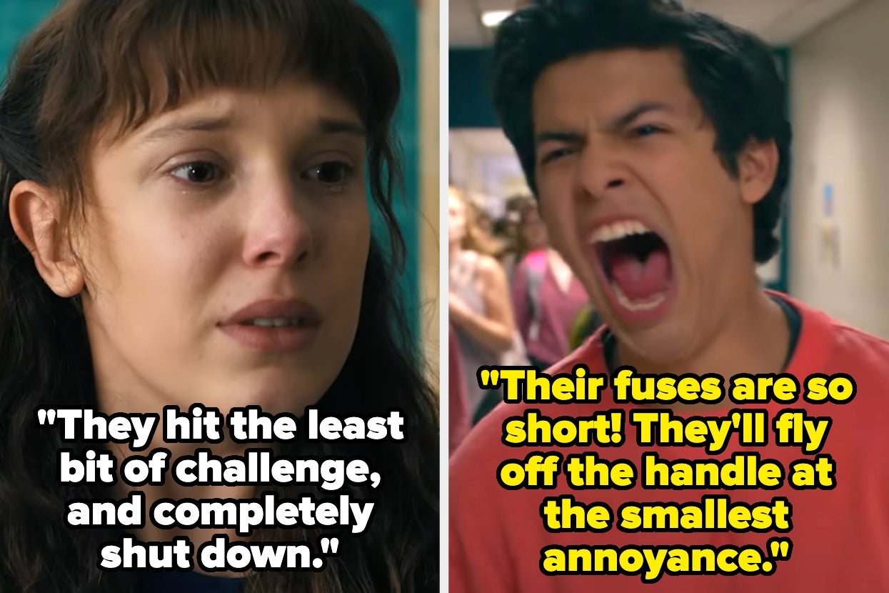 Two upset teens; one looks distressed, the other angrily shouting. Text: "They hit the least bit of challenge...shut down." and "Their fuses are so short..."