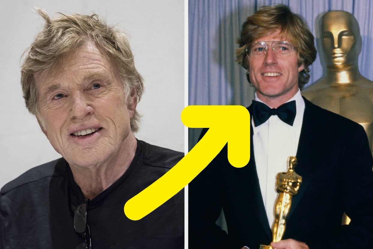Two images of the same actor: left, older wearing a casual shirt; right, younger in a tuxedo holding an Oscar