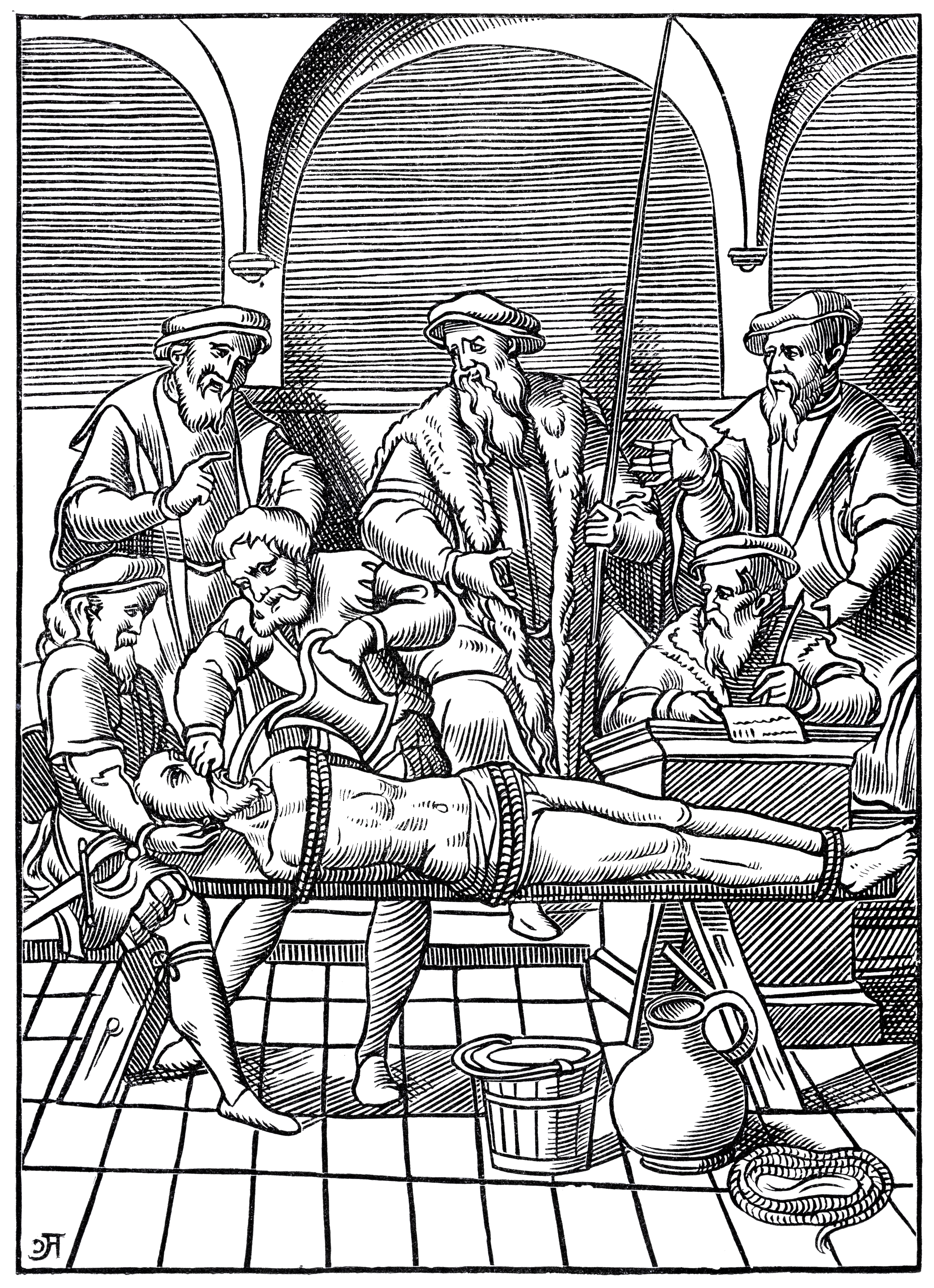 Medieval scene depicting doctors and scholars using early medical tools on a patient lying on a table, with onlookers observing
