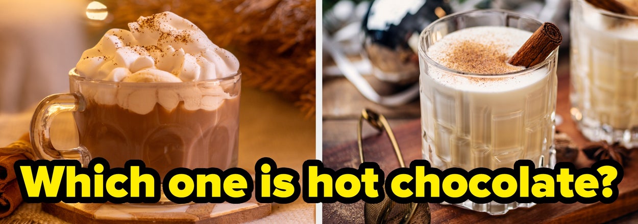 Two mugs: one with whipped cream, one with cinnamon stick. Text asks: "Which one is hot chocolate?"