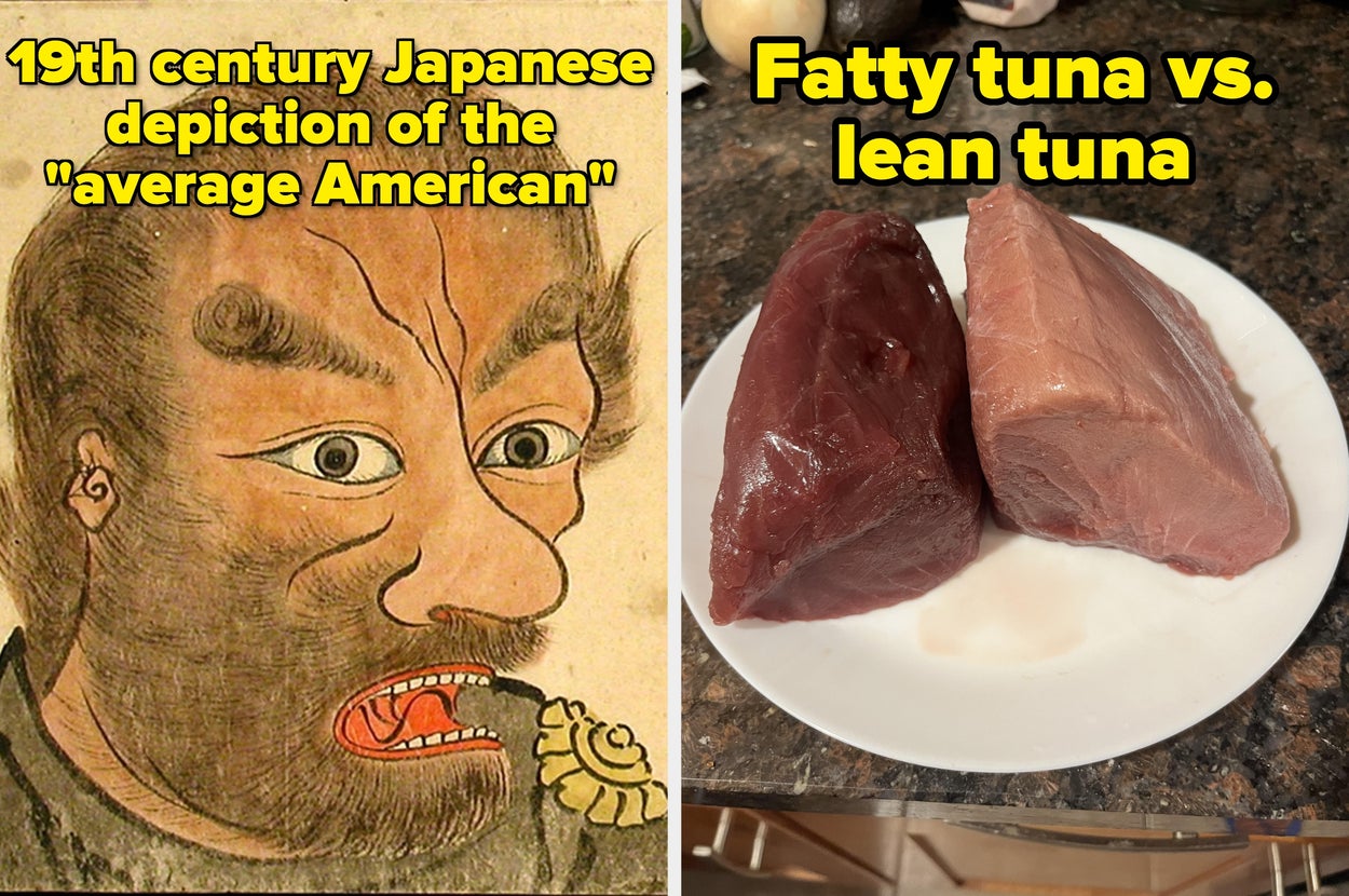Left: A historical Japanese portrait with exaggerated features and a pipe. Right: Two pieces of tuna on a plate labeled "Fatty tuna vs. lean tuna."
