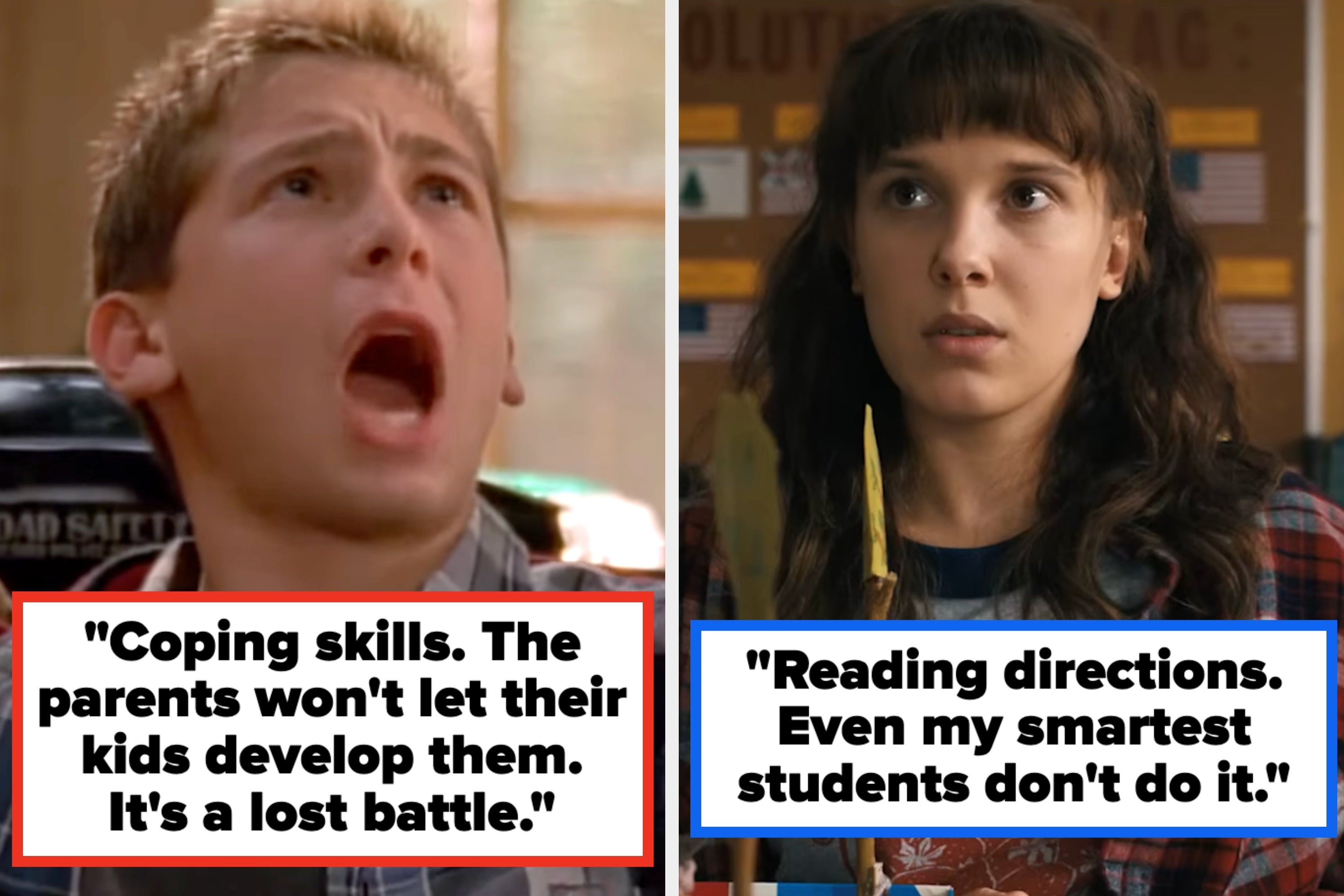 Split image: Left shows a person shouting about coping skills. Right shows a person discussing how even smart students avoid reading directions