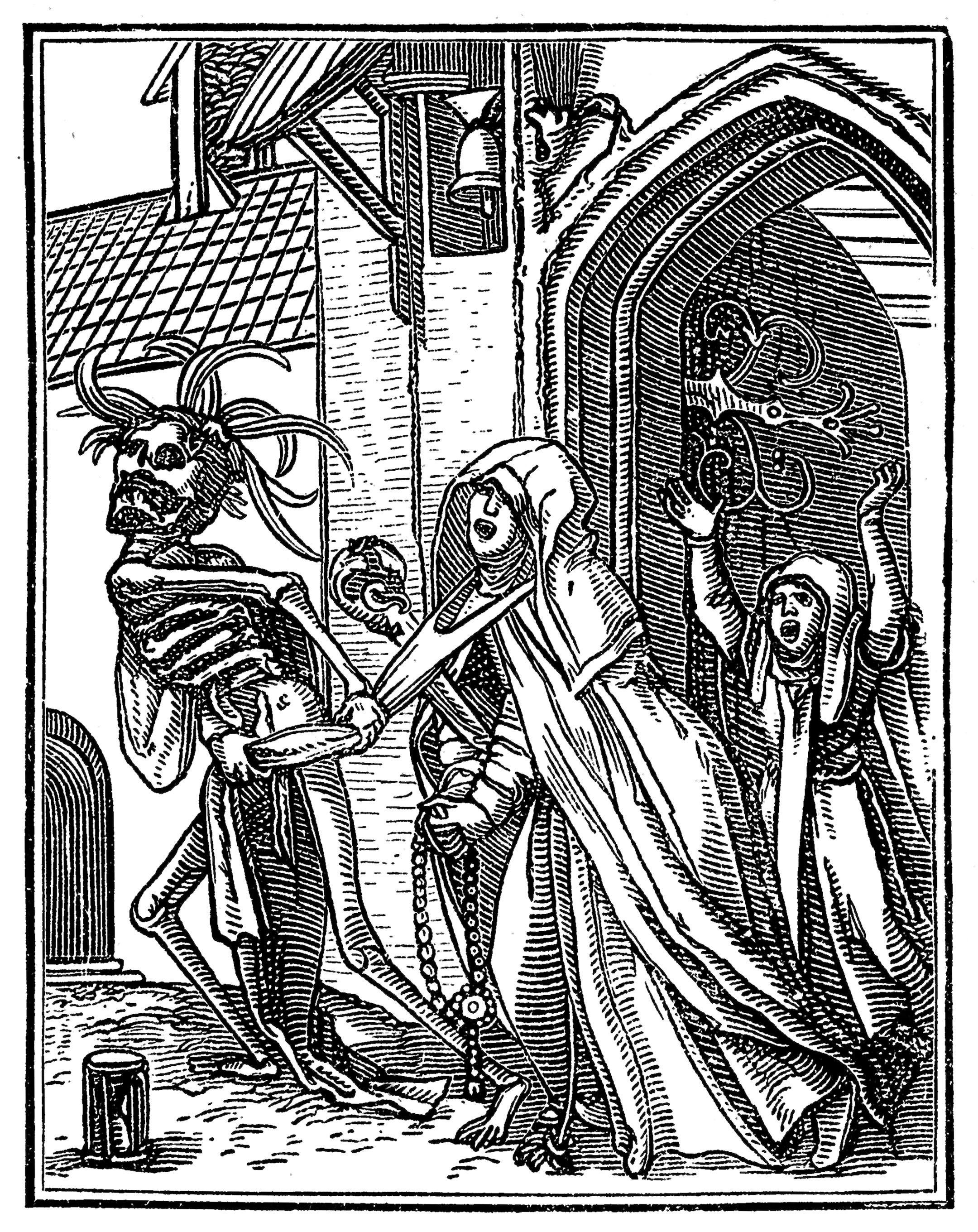 Medieval woodcut depicting the "Dance of Death" with animated skeletons leading people, symbolizing the inevitability of death