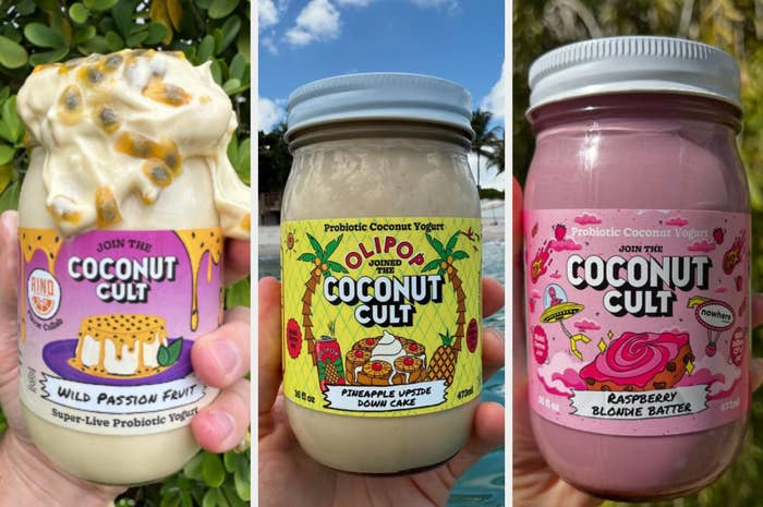 Three Coconut Cult yogurt jars: Wild Passion Fruit, Pineapple Upside Down Cake, and Raspberry Blondie Batter. Each jar has vibrant labels