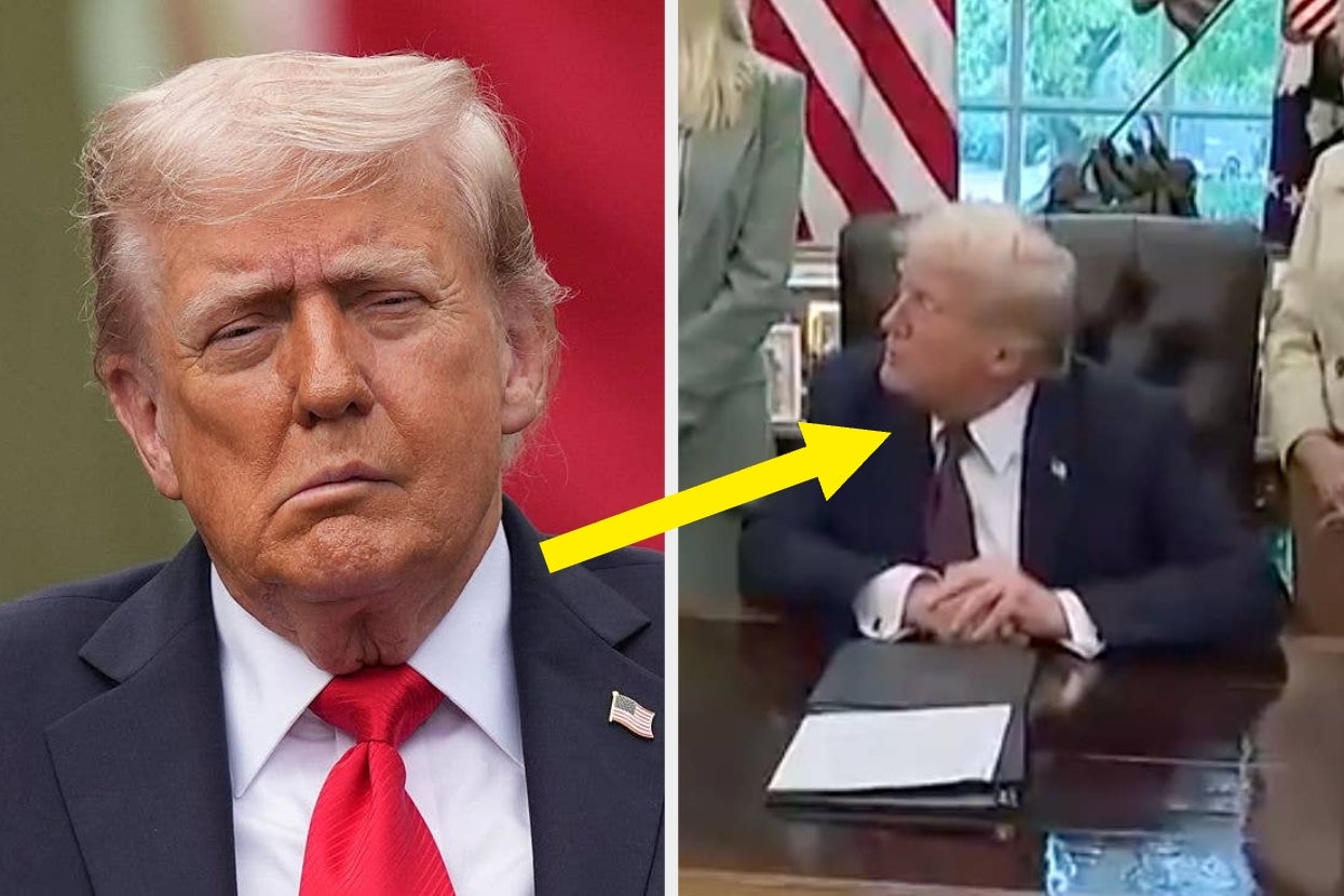 Two side-by-side images show a political figure. Left: face close-up. Right: seated at a desk in a formal suit, looking upwards