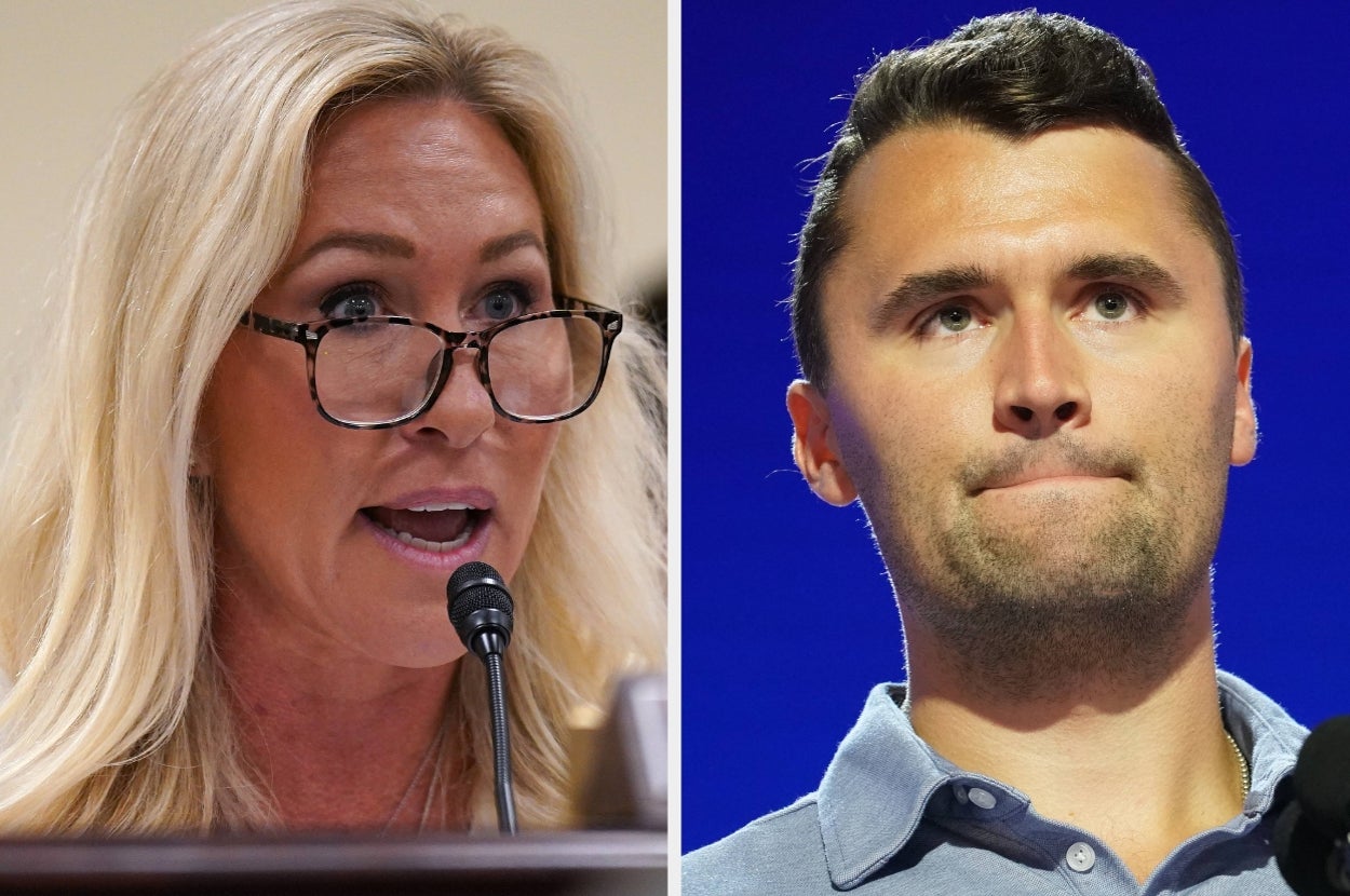 Two individuals speaking at separate events. One woman speaks passionately at a podium, while a man with a serious expression stands at another event