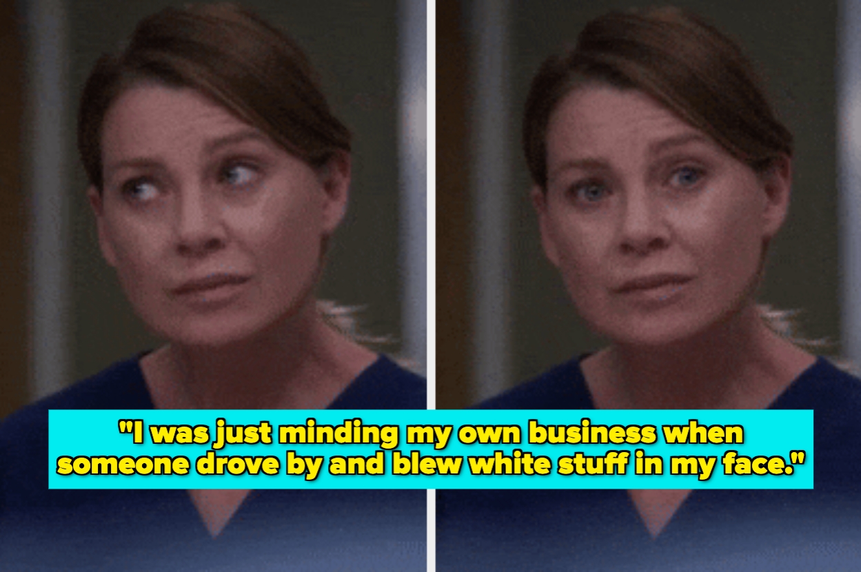 Woman in a medical setting with a humorous caption about an unexpected incident