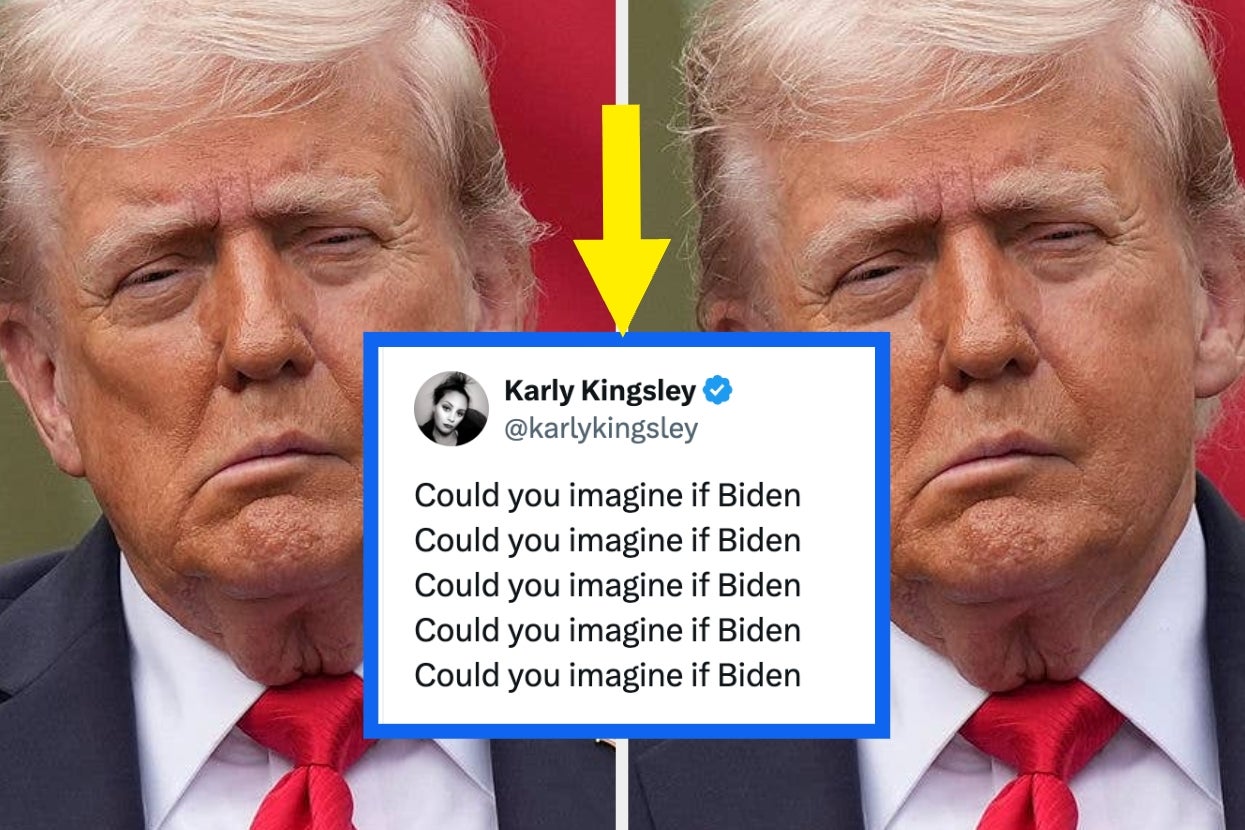 Split image comparing similar appearances of two individuals with a tweet overlaying both