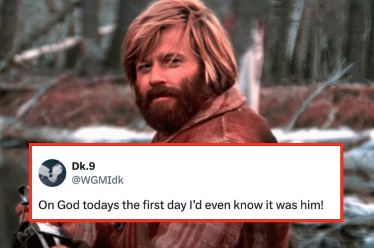 A man with a beard and long hair stands outdoors. Overlay text reads, "On God today's the first day I'd even know it was him!"