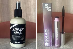 Two cosmetic products: LUSH Super Milk conditioning hair primer spray and SHEGLAM mascara with packaging