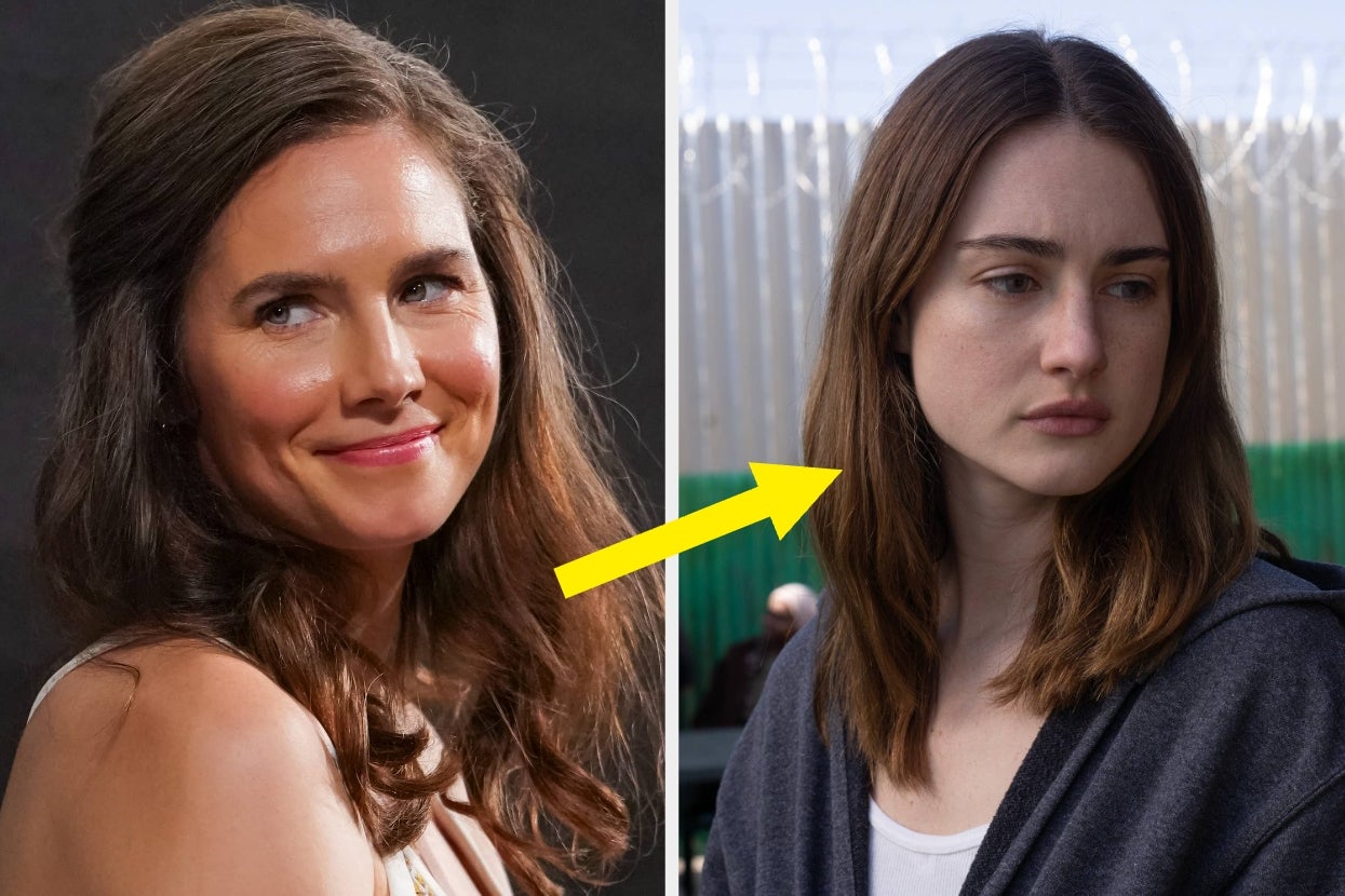Two women side-by-side; one in an evening dress smiling, the other in casual wear with a serious expression. Yellow arrow points between them