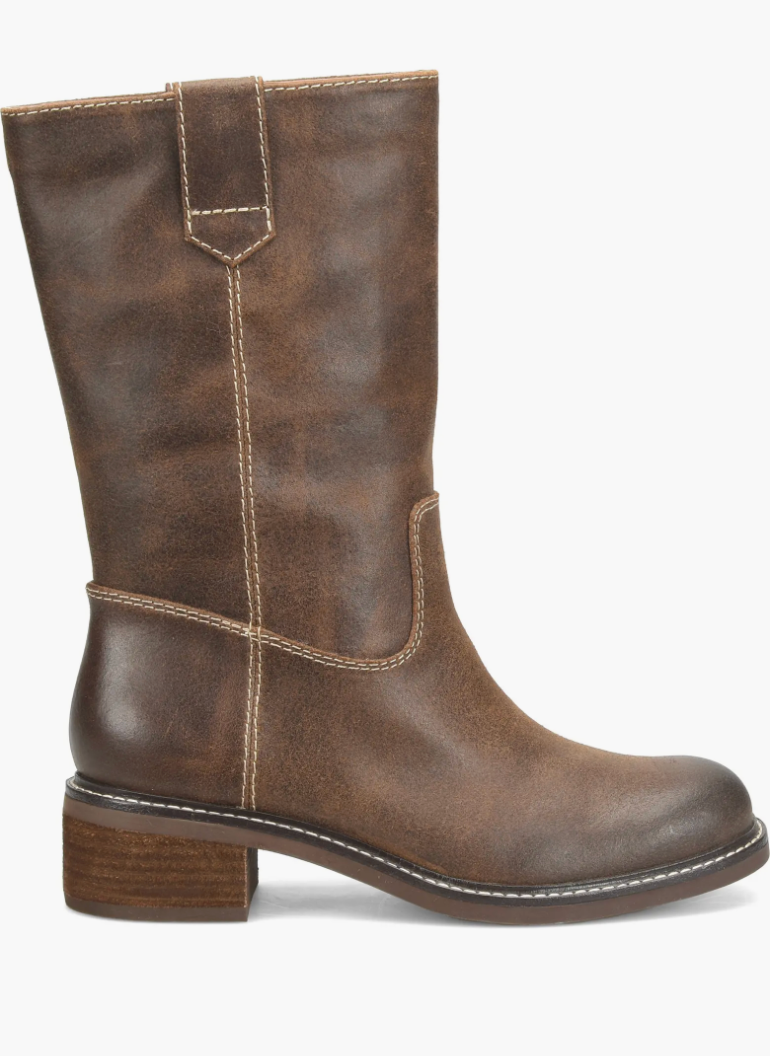 Brown leather mid-calf boot with a block heel and stitching details, ideal for casual and rugged styles
