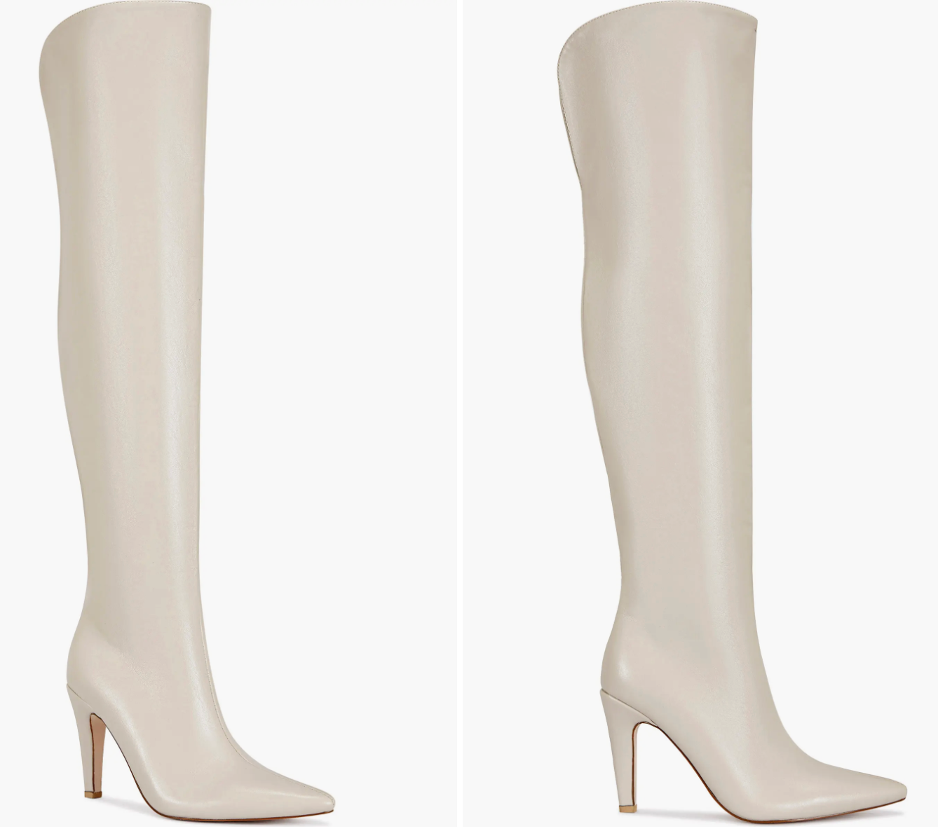 Knee-high heeled boots with a sleek design and pointed toes, showcased for a shopping article