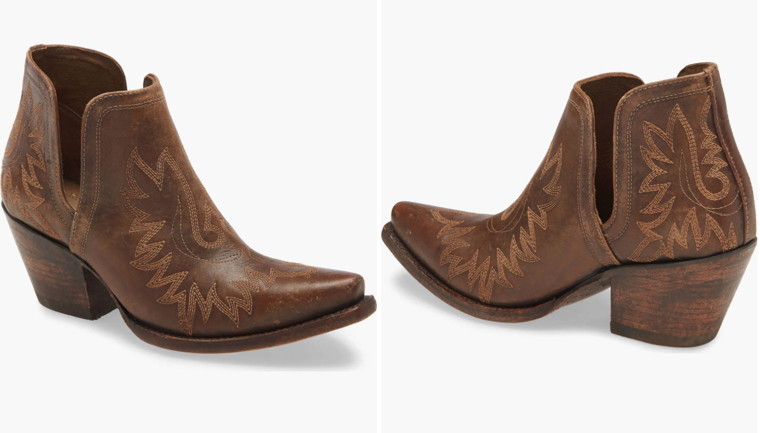 Brown ankle cowboy boots with intricate stitching and a stacked heel, featured in a shopping article