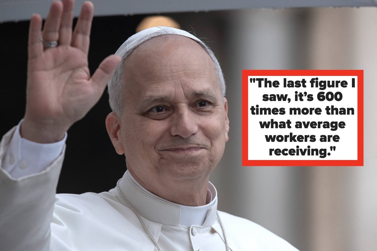 A man in religious attire smiles and waves. Text beside him reads, "The last figure I saw, it’s 600 times more than what average workers are receiving."