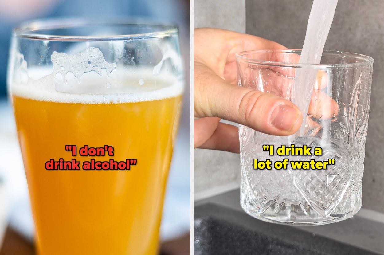 A glass of beer with text "I don't drink alcohol" and a glass being filled with water with text "I drink a lot of water."