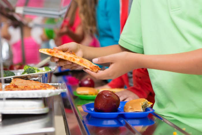 Person holds a portion of pizza and an pome connected a tray successful a schoolhouse cafeteria enactment with disposable nutrient options