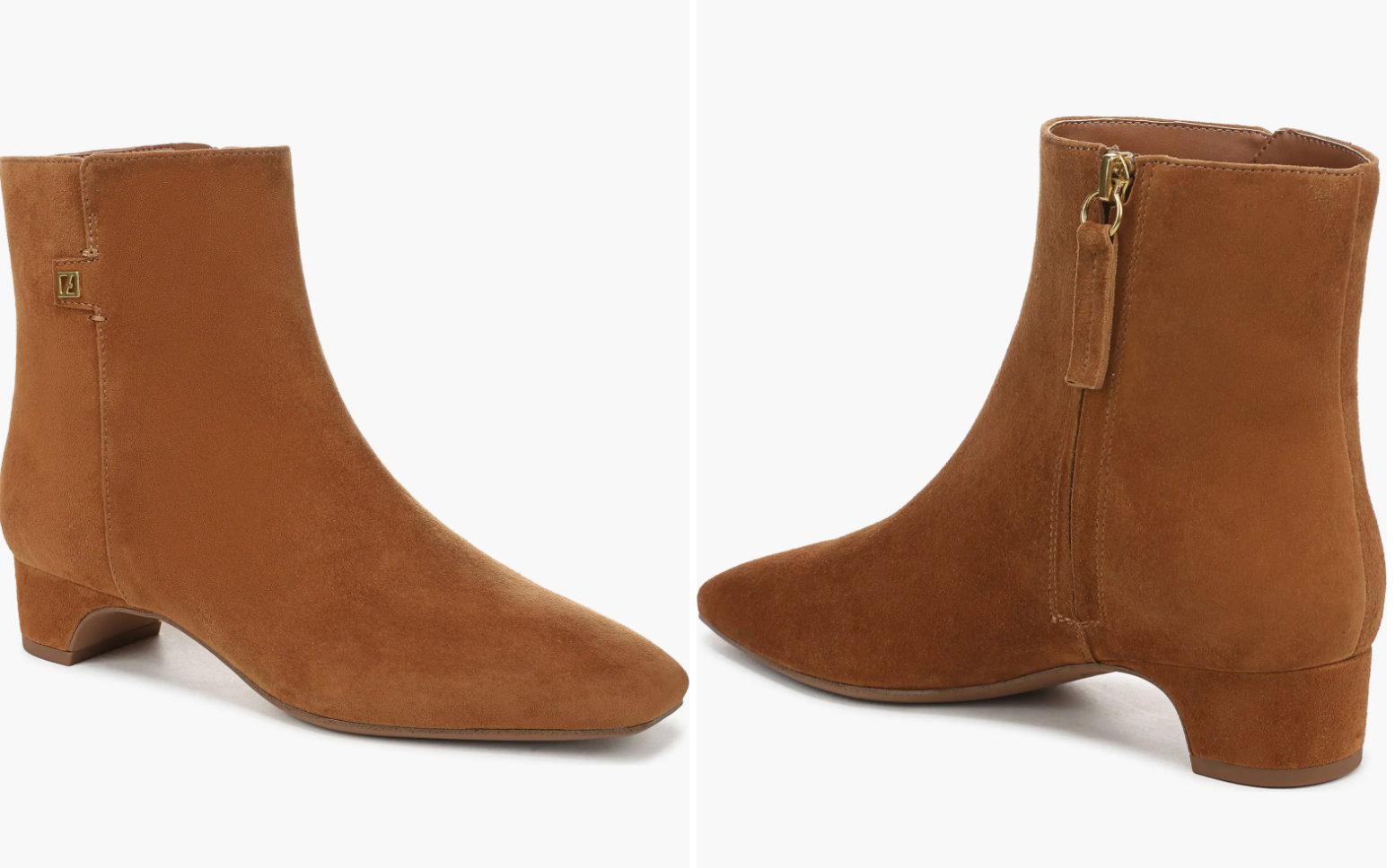 Brown suede ankle boots with low heels and side zippers