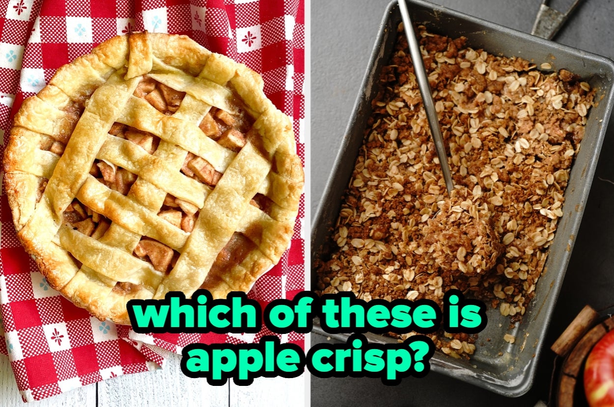 A pie with a lattice crust is on the left, and a rectangular apple crisp with oat topping is on the right. Text asks, "which of these is apple crisp?"