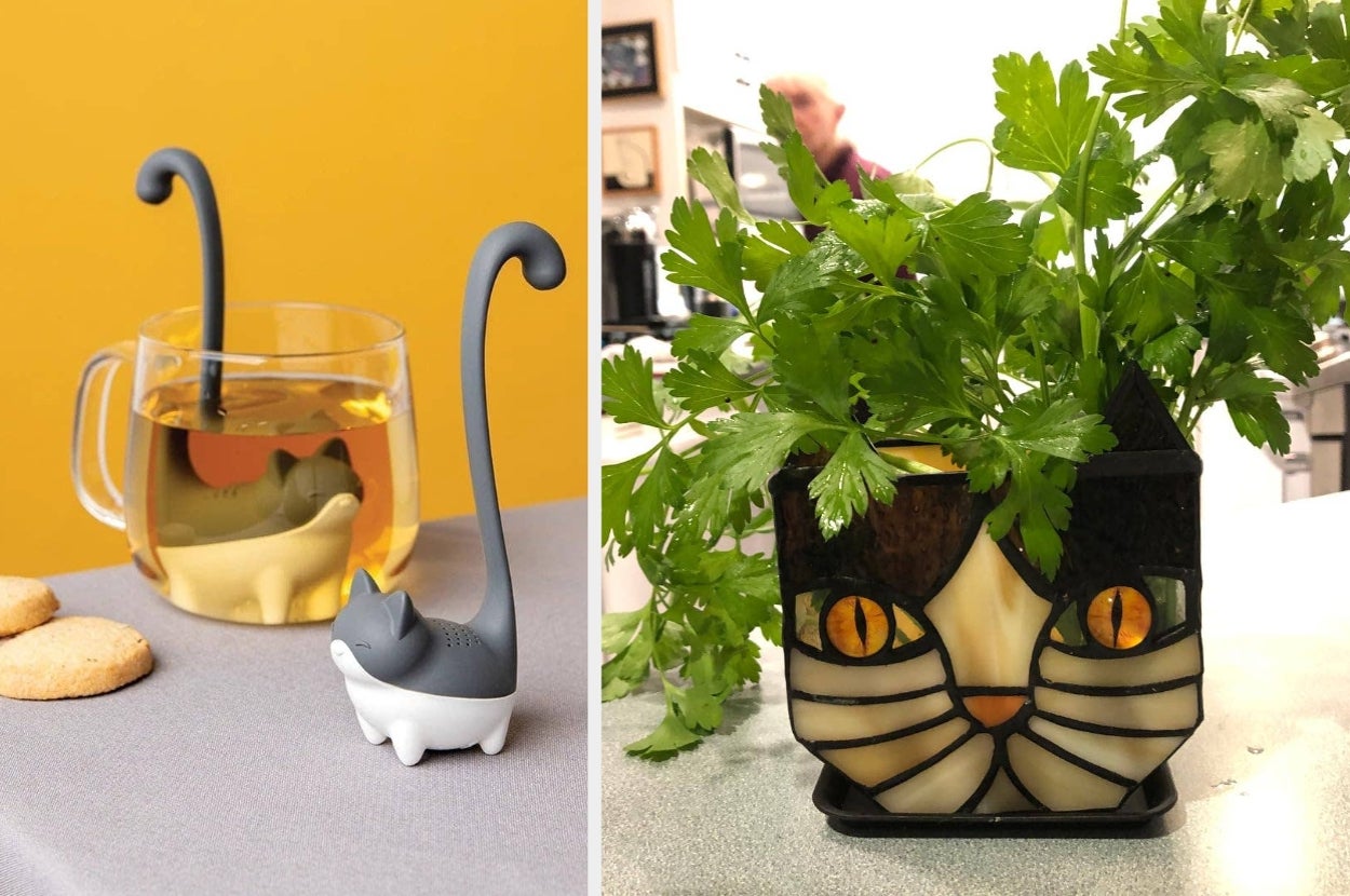 Cat-themed kitchen items: a cat-shaped tea infuser and a cat-faced planter with parsley. Perfect for adding fun to your kitchen decor