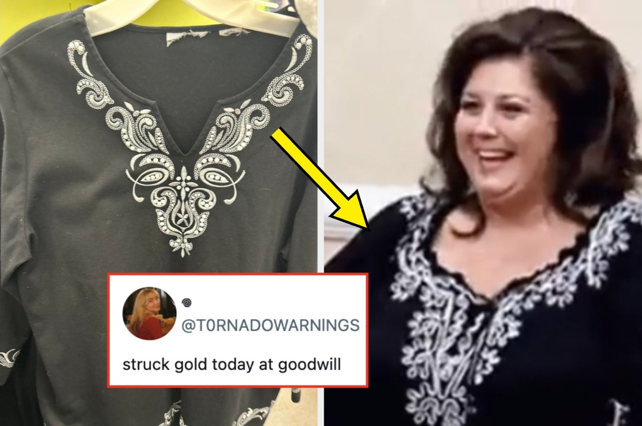 A black blouse with ornate white embroidery. A woman wears a similar blouse, smiling. Tweet overlay reads: "struck gold today at Goodwill."