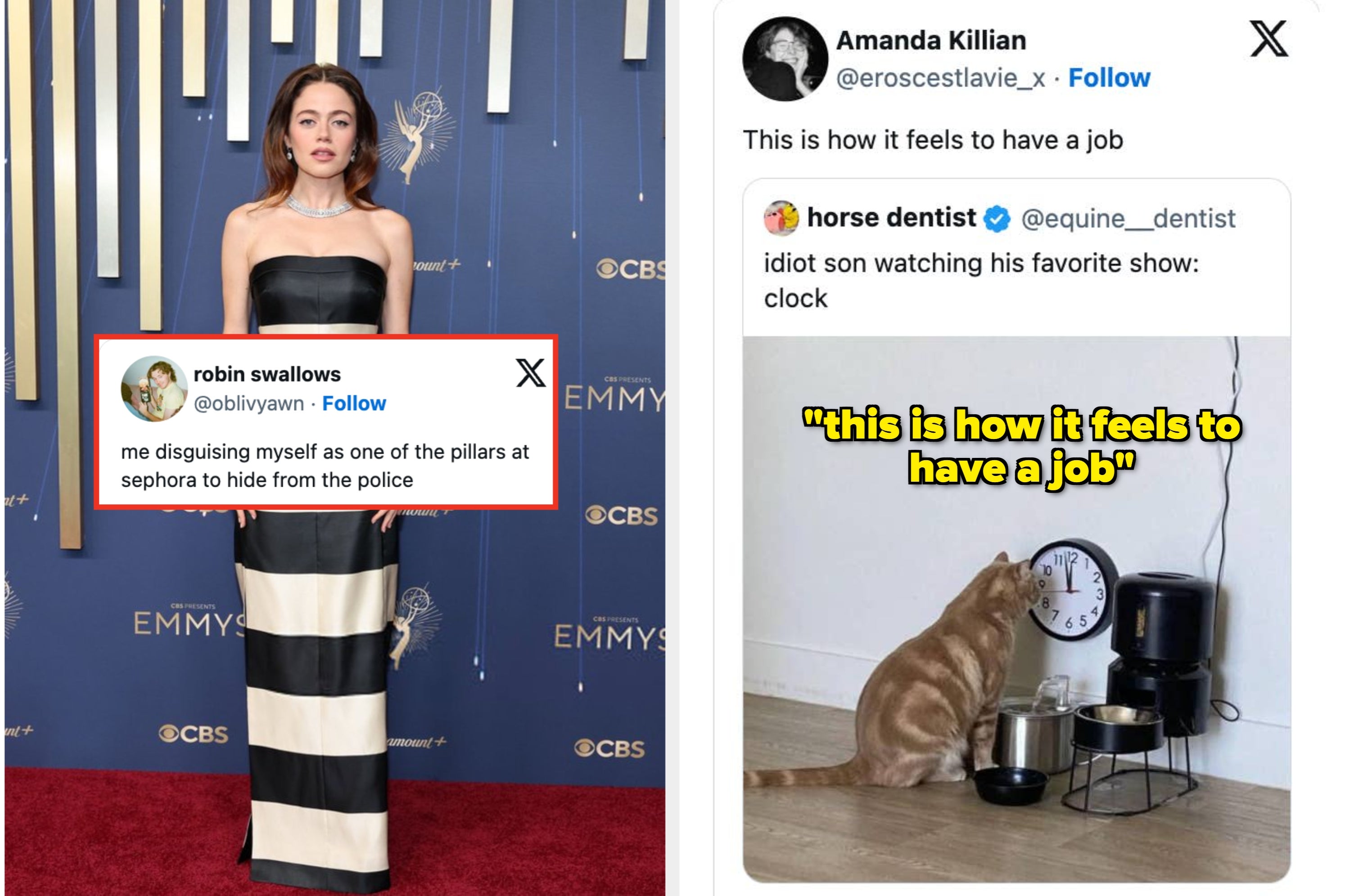 Woman in a strapless striped dress on a red carpet; humorous tweet about a cat watching a clock