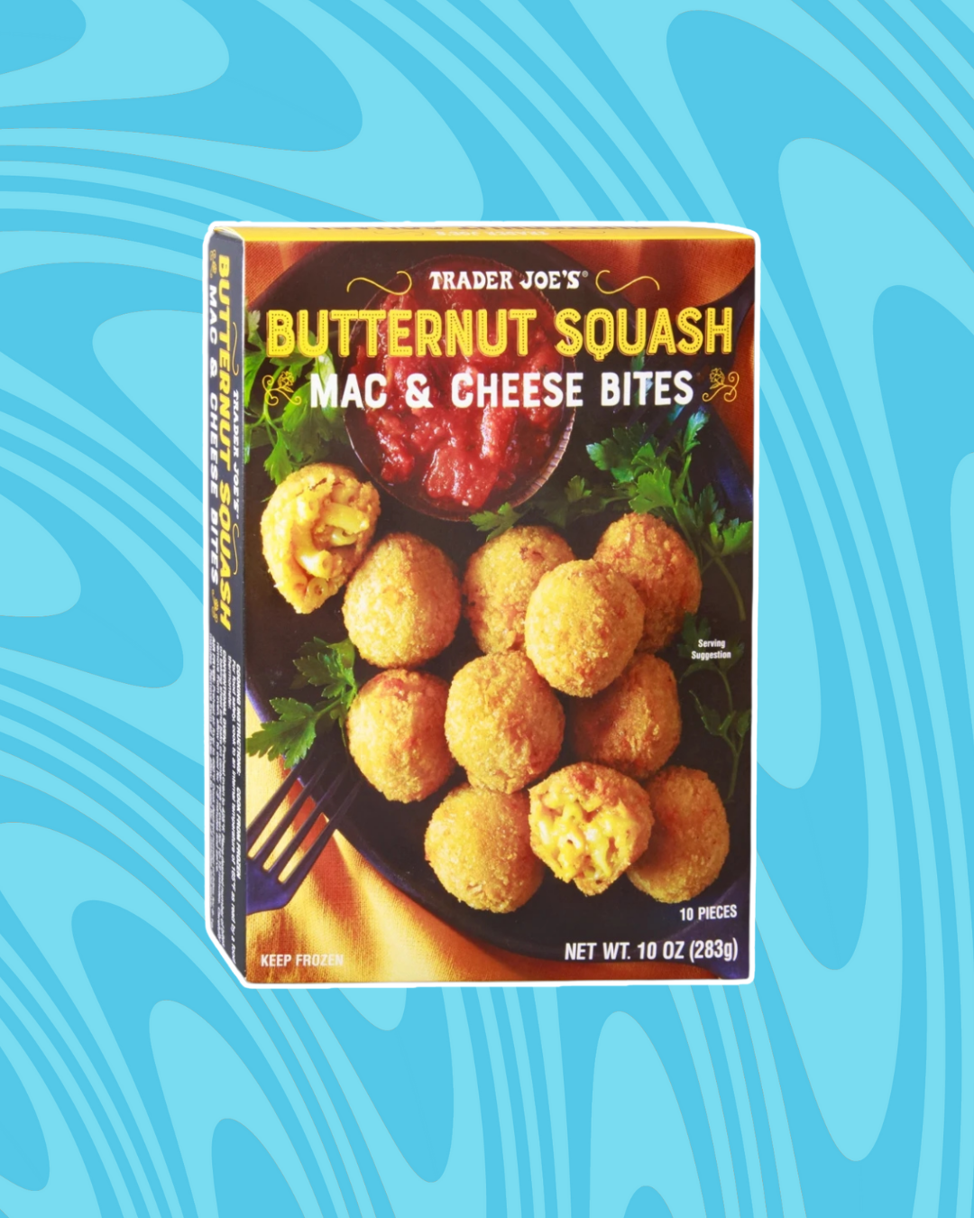 Trader Joe&#x27;s Butternut Squash Mac &amp;amp; Cheese Bites box on a blue patterned background