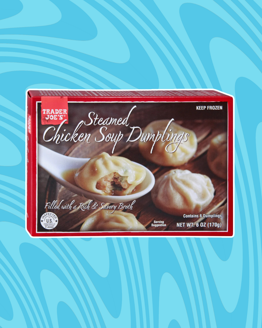 Trader Joe&#x27;s Steamed Chicken Soup Dumplings box, showing six dumplings in a rich broth