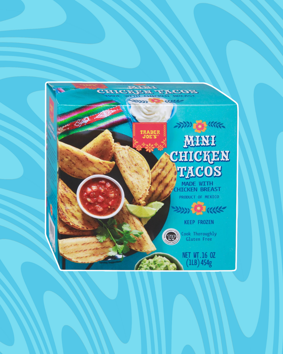 Trader Joe&#x27;s Mini Chicken Tacos packaging, featuring a plate of tacos with a side of salsa, set against a vibrant background