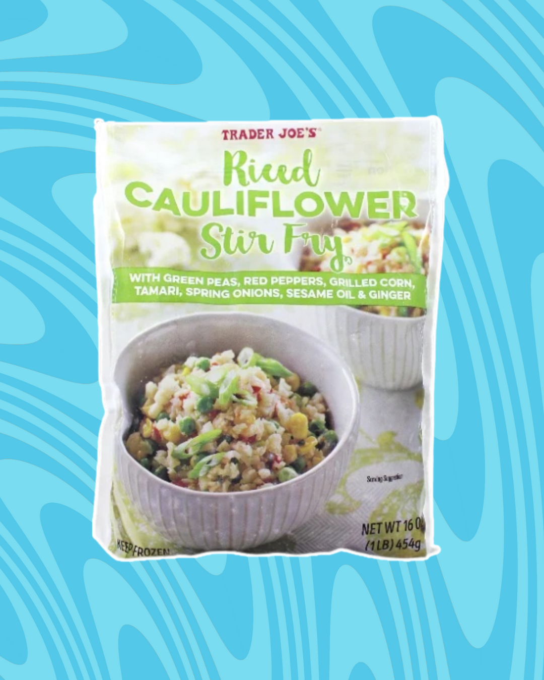 Trader Joe&#x27;s Riced Cauliflower Stir Fry package featuring ingredients like green peas, red peppers, and ginger on a blue patterned background