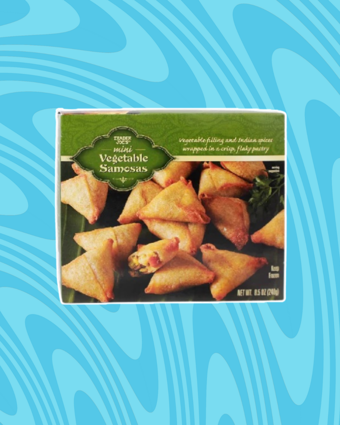 Box of mini vegetable samosas with crispy golden pastry, emphasizing vegetable filling and Indian spices