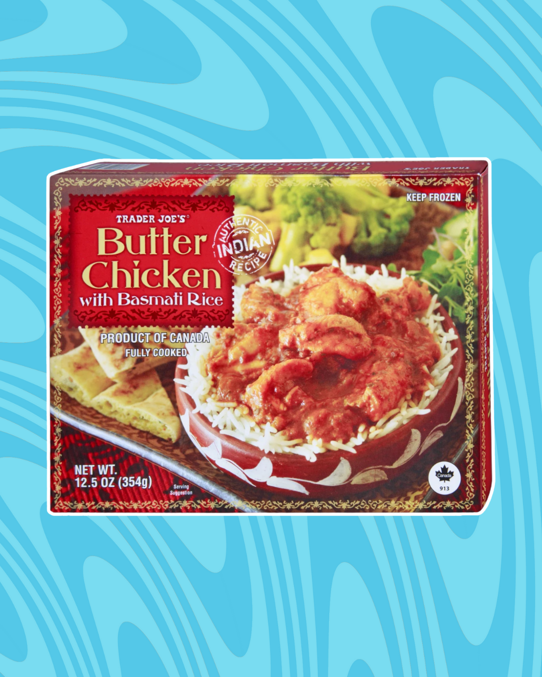 Trader Joe&#x27;s frozen Butter Chicken with Basmati Rice package, featuring an Indian recipe with naan and rice, labeled as fully cooked