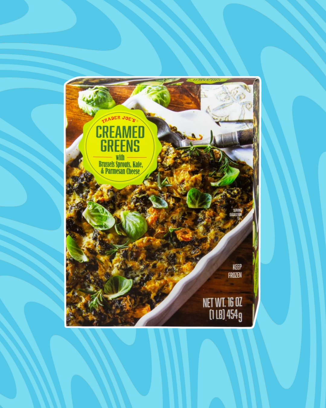 Trader Joe&#x27;s Creamed Greens package featuring a baked dish with Brussels sprouts, kale, parmesan cheese, and visible basil leaves