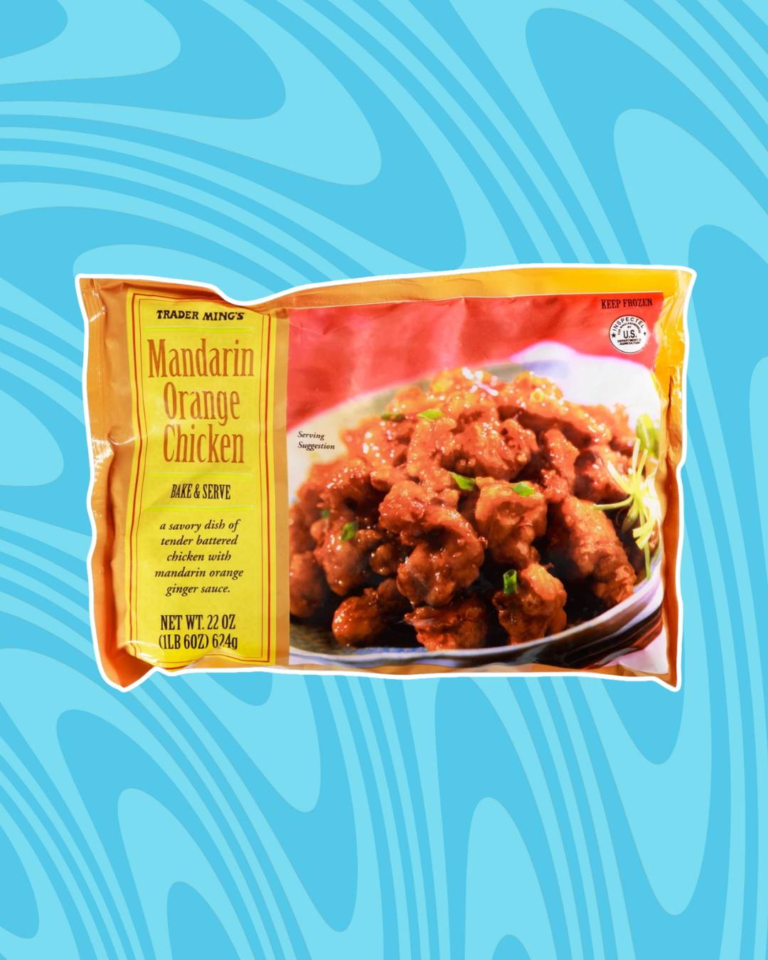 Trader Joe&#x27;s Mandarin Orange Chicken package on a blue background, highlighting ready-to-serve breaded chicken in savory orange sauce