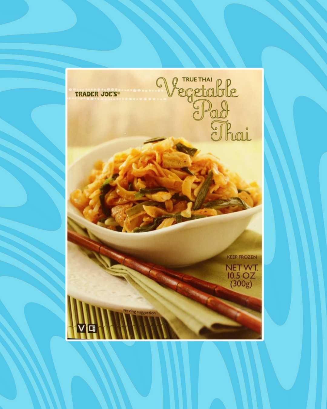 Package of Trader Joe&#x27;s True Thai Vegetable Pad Thai with chopsticks beside the bowl