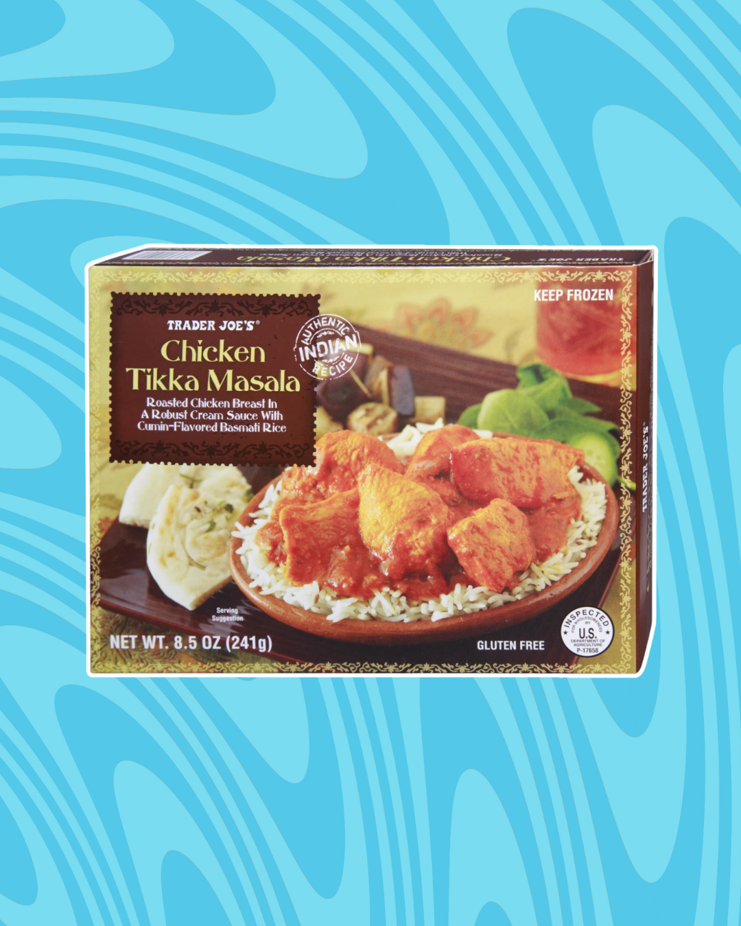 Trader Joe&#x27;s Chicken Tikka Masala package with rice and chicken image. Labeled gluten-free with a serving suggestion on a blue swirl background