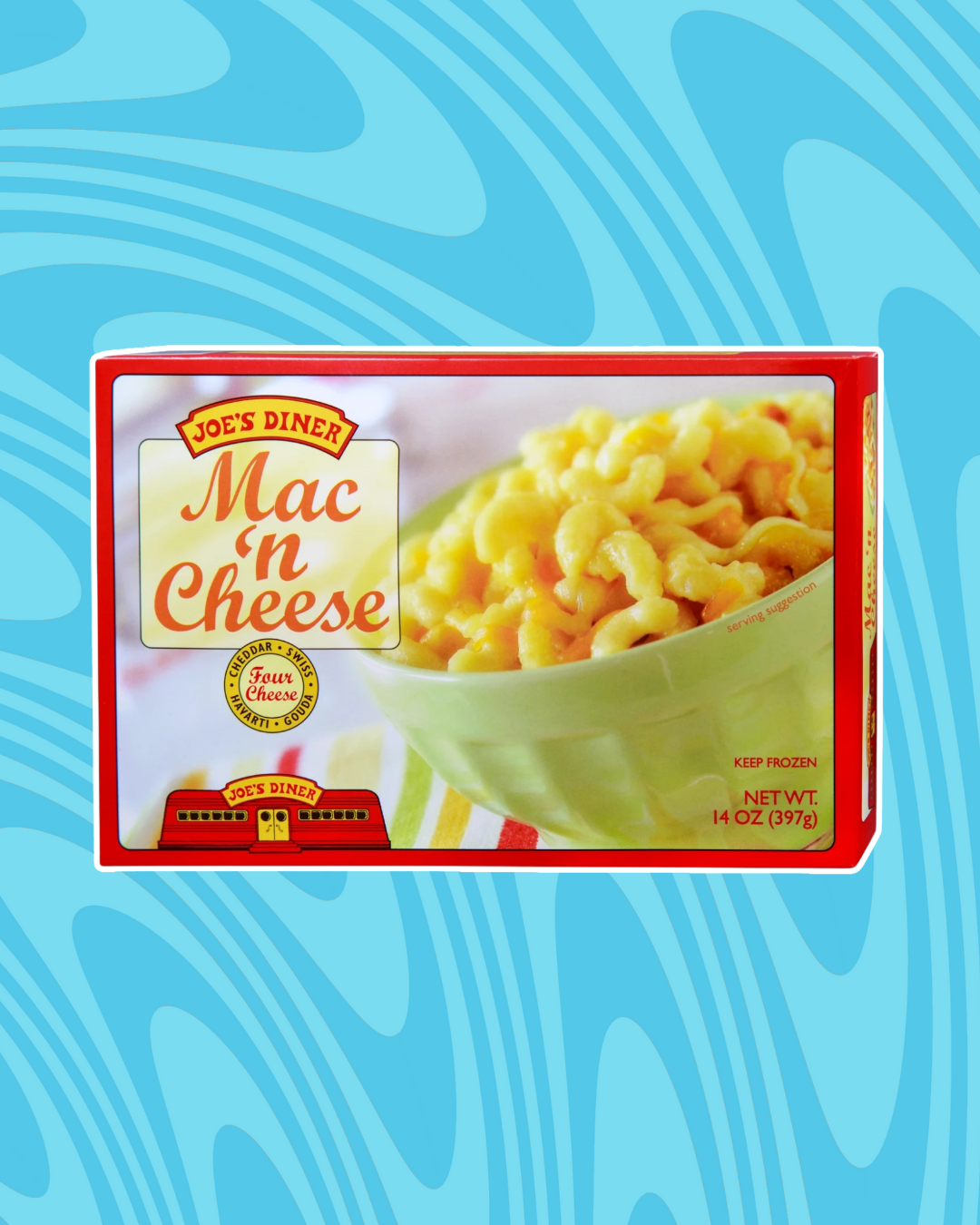Box of Joe's Diner Mac 'n Cheese with creamy pasta in a bowl on cover, emphasized for freeze and net weight details
