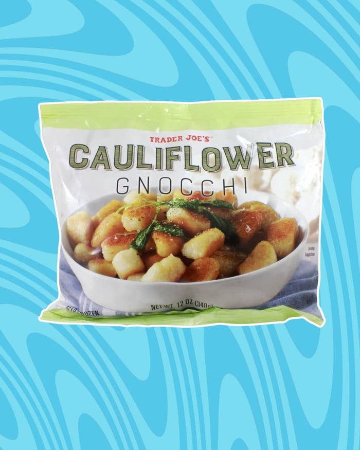 Package of Trader Joe&#x27;s Cauliflower Gnocchi on a swirly blue background