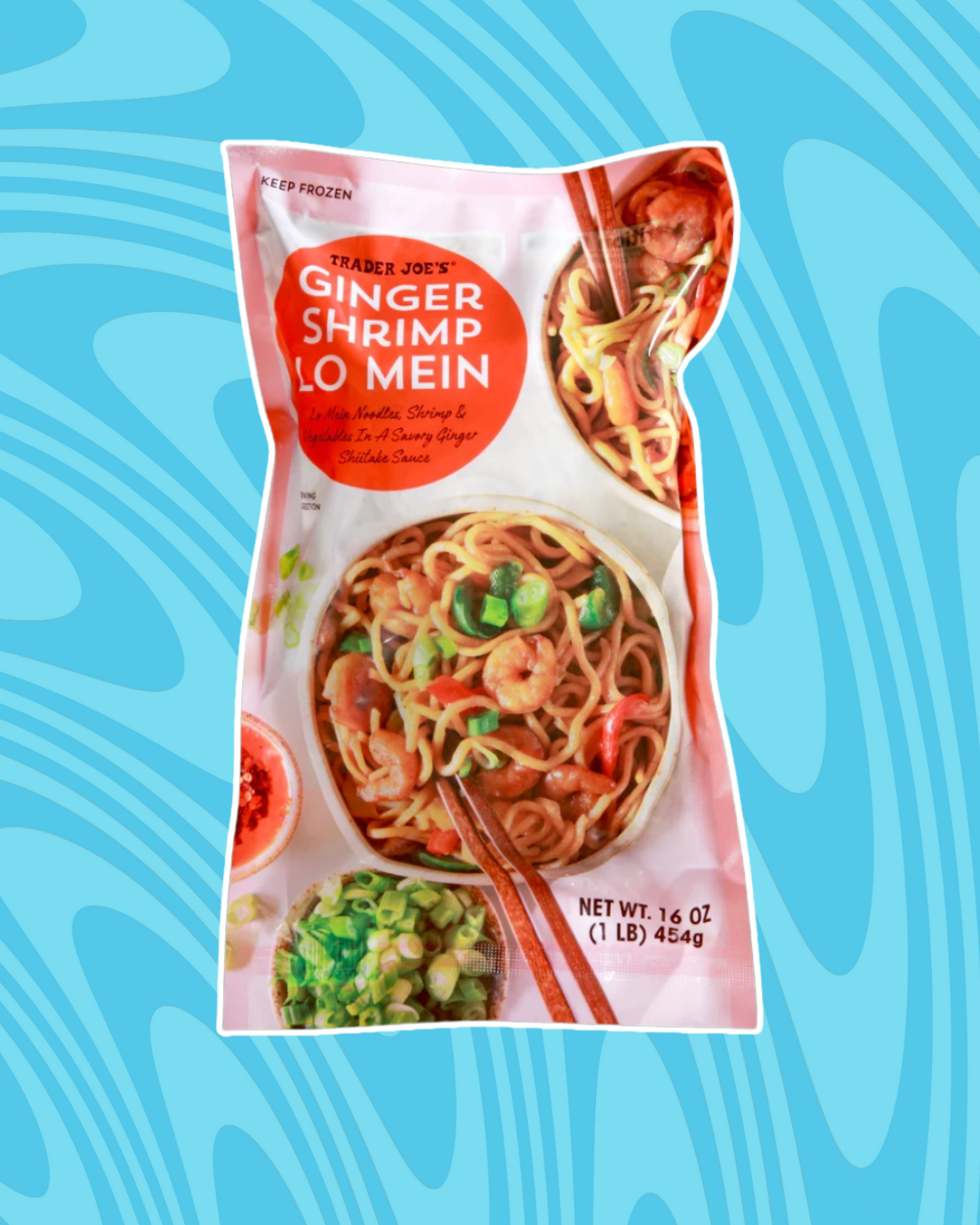 Trader Joe&#x27;s Ginger Shrimp Lo Mein package with shrimp, noodles, and vegetables pictured on the front