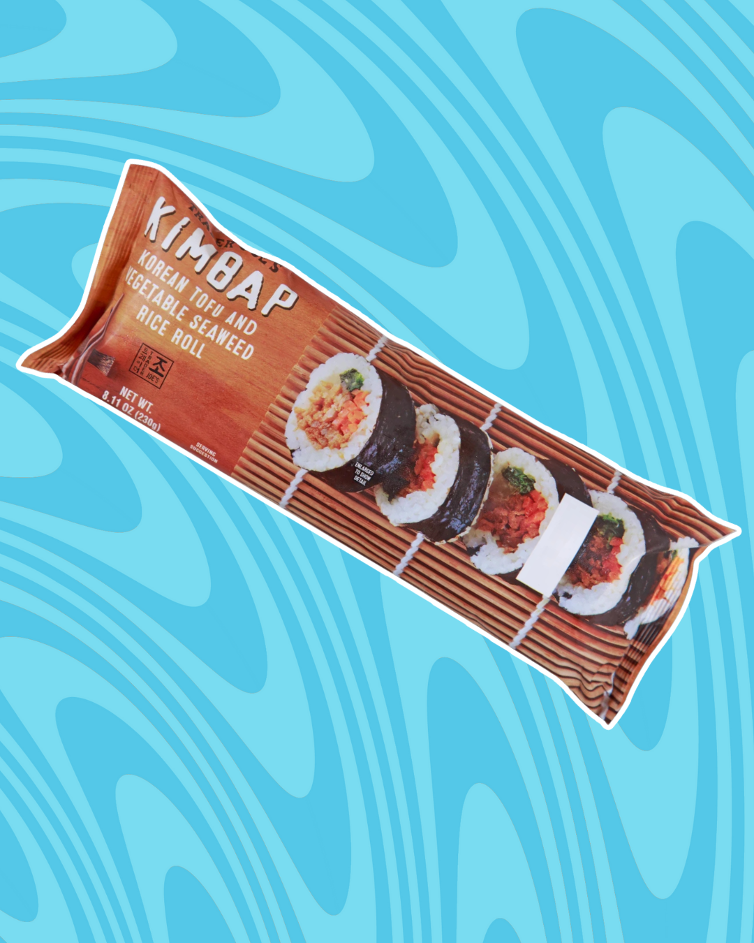 Kimbap package against a patterned background, featuring Korean tofu and vegetable seaweed rice rolls