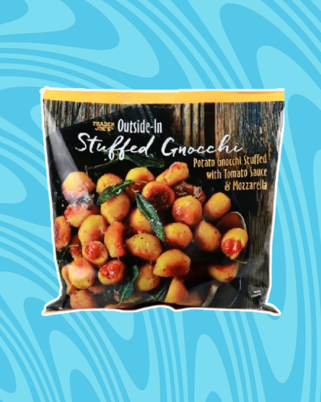 Trader Joe&#x27;s Outside-In Stuffed Gnocchi packaging with potato gnocchi, tomato sauce, and mozzarella image. Blue wavy background