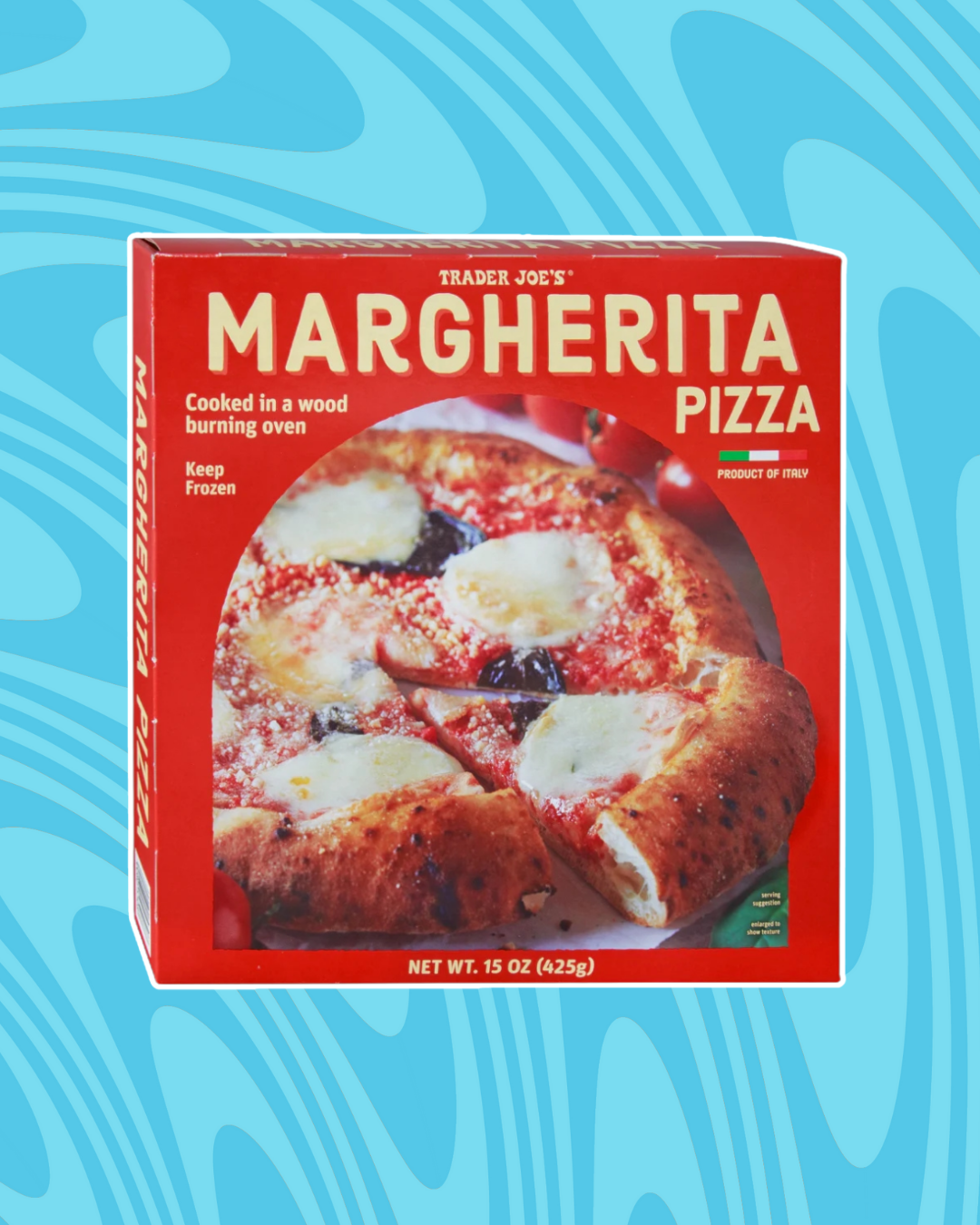 Trader Joe's Margherita Pizza box with product photo and weight info, set against a wavy blue background