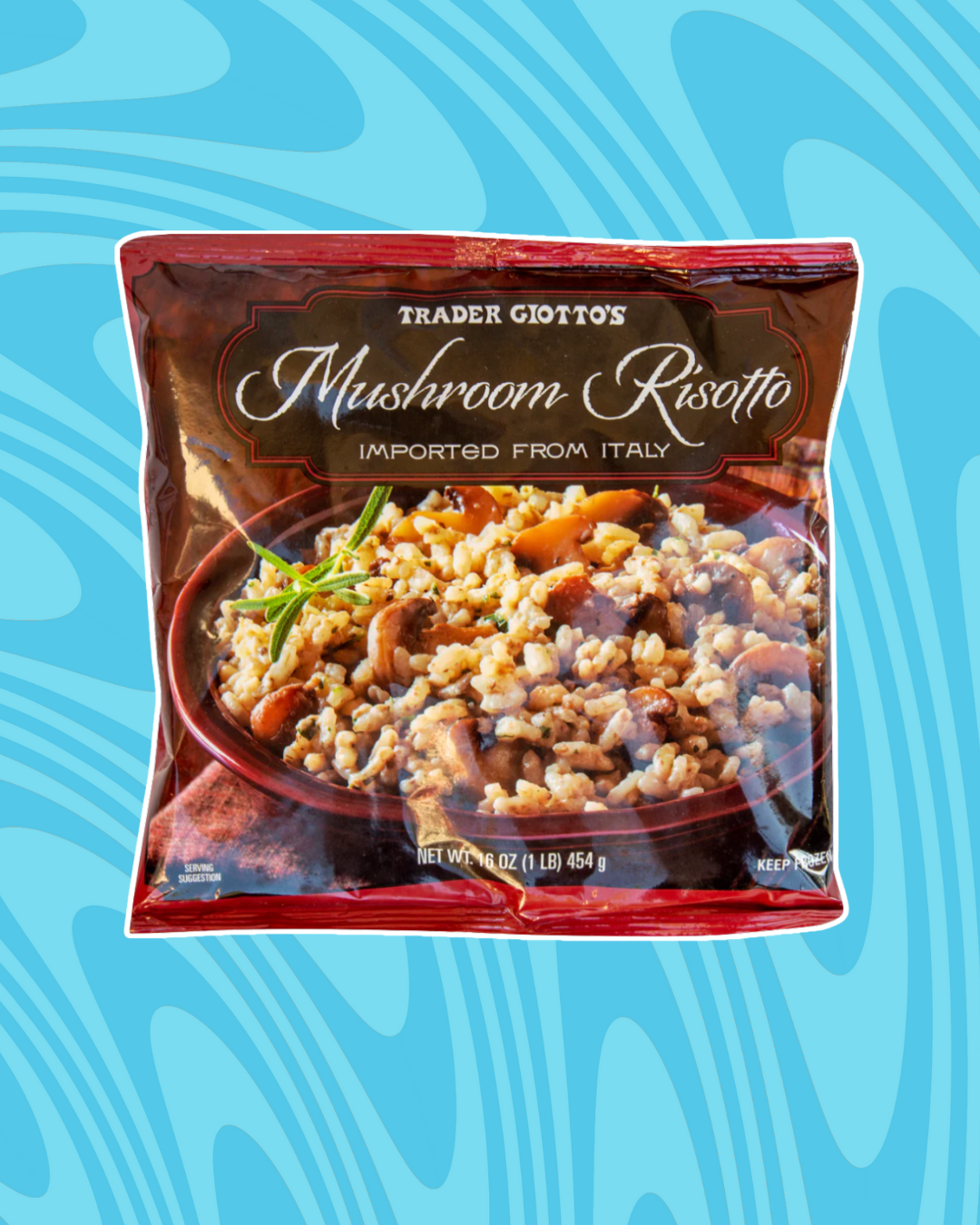 Trader Giotto&#x27;s Mushroom Risotto package against a patterned background. A bowl of risotto with visible mushrooms is shown on the package