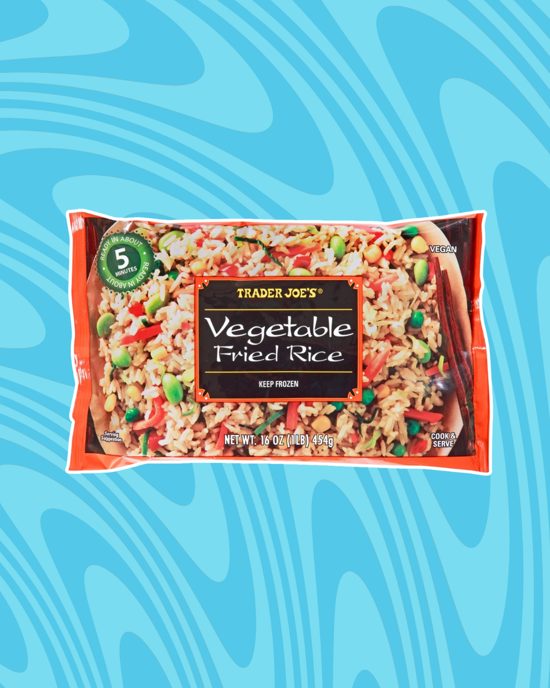 Trader Joe&#x27;s Vegetable Fried Rice package on a wavy blue background, showing mixed veggies and rice, labeled as vegan and cooks in 5 minutes