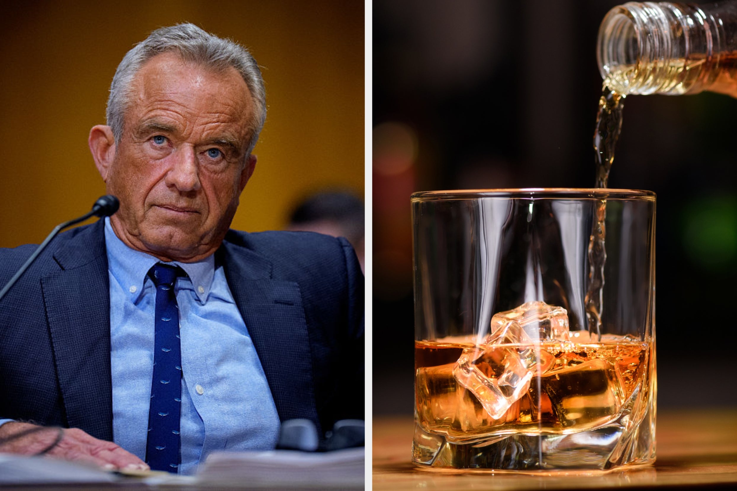Man in a suit at a news event next to a close-up of whiskey being poured over ice in a glass