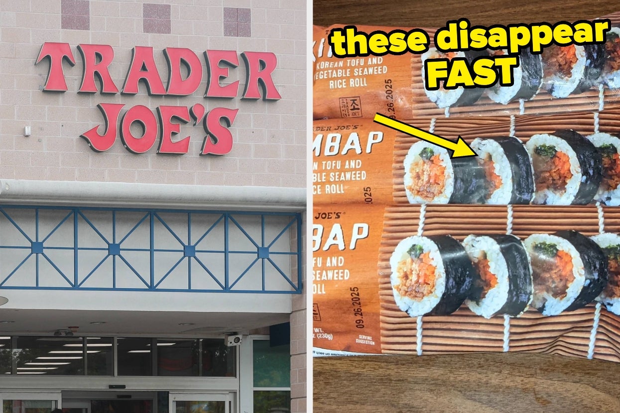 Trader Joe's storefront and packs of Korean tofu and vegetable seaweed rice rolls labeled "These disappear fast."