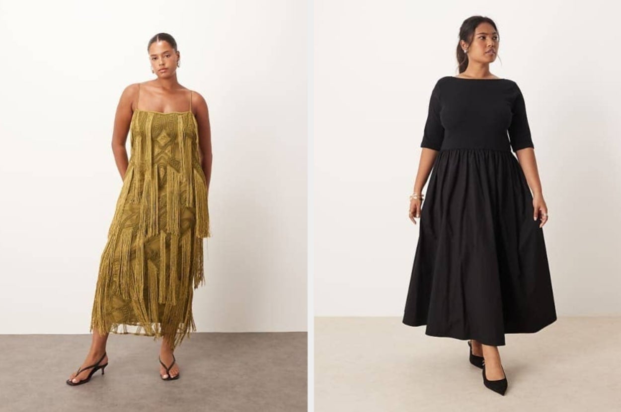 Two models showcase dresses: left in a fringed strapless dress, right in a black dress with three-quarter sleeves. Both pose against a plain backdrop