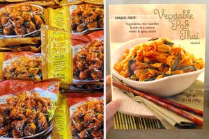 Frozen Mandarin Orange Chicken packages and a Vegetable Pad Thai box are displayed, indicating convenient meal options