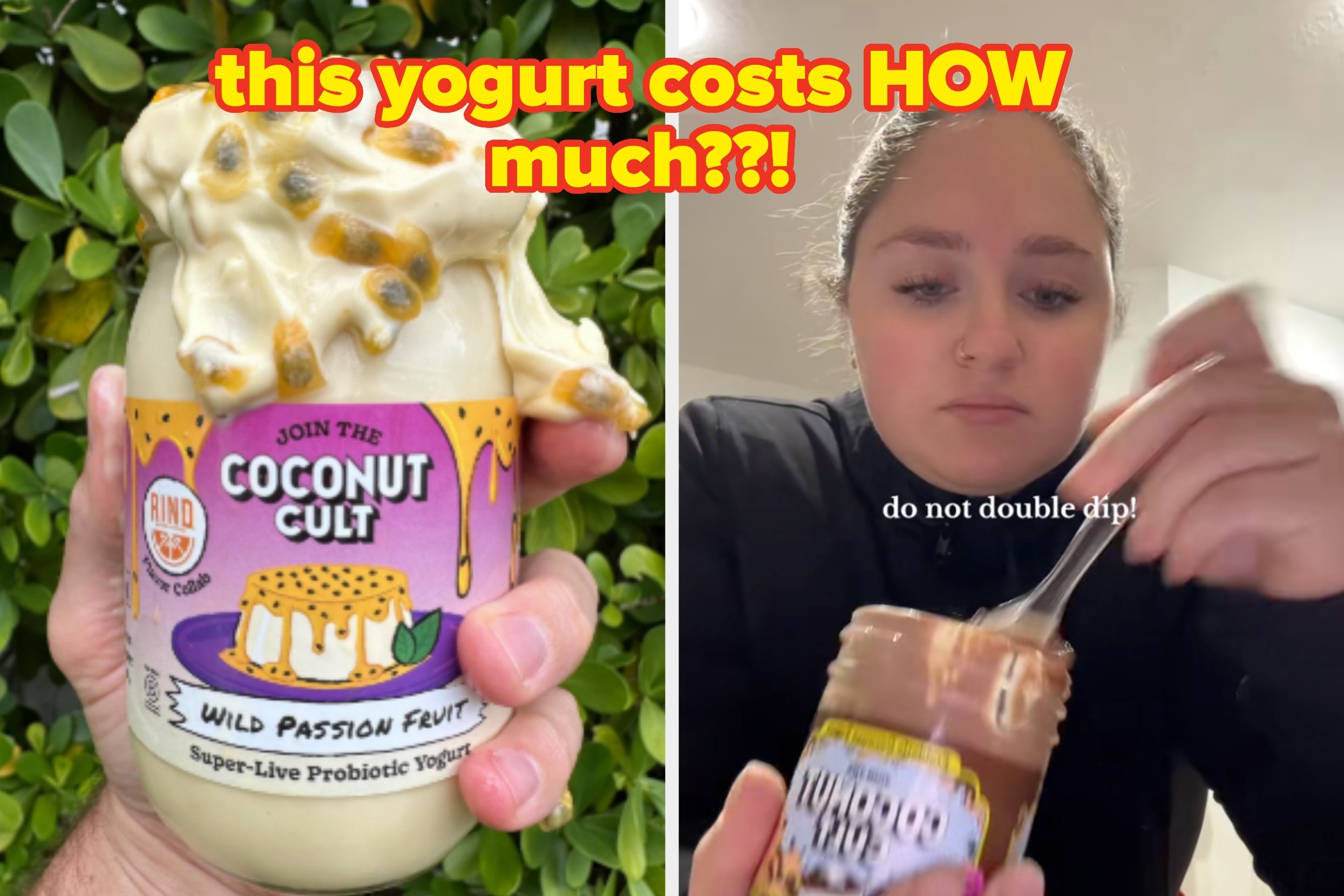 A yogurt jar topped with fruit and text exclaiming its high price; a person next to it, holding a jar and spoon with a caution not to double-dip
