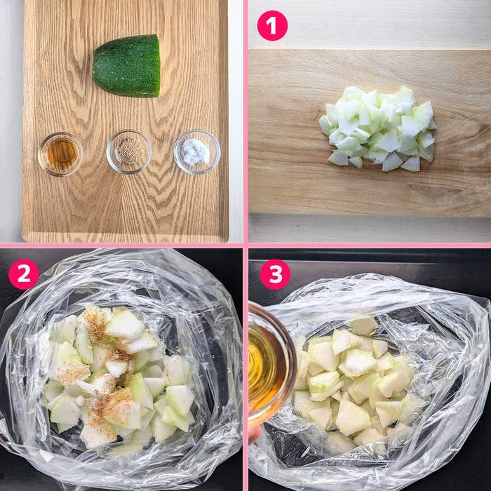 冬瓜をカットし、調味料と一緒に袋に入れ、調理する手順が示された料理ガイドの画像です。